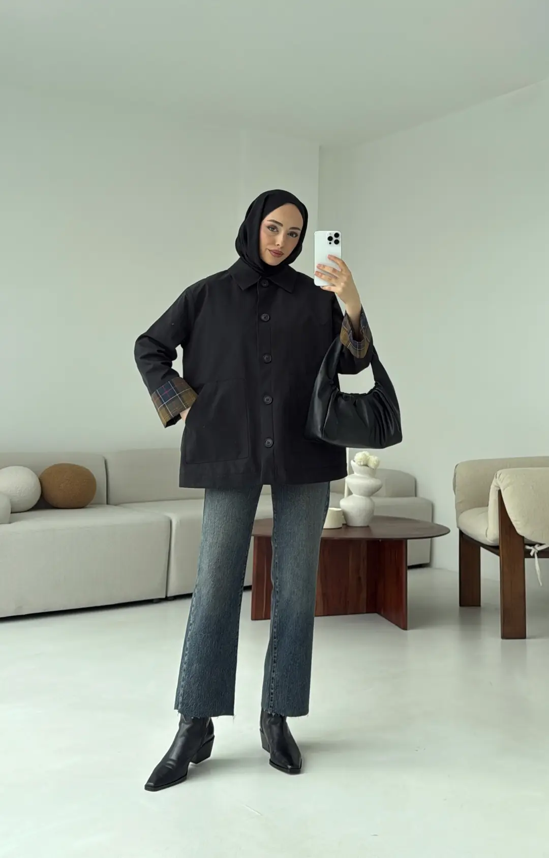 Ekose Garnili Trençkot Siyah - Görsel 6