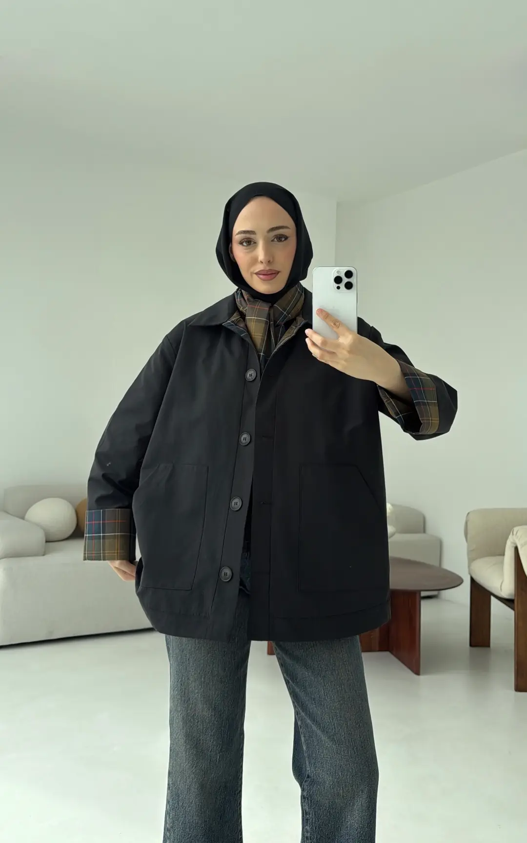 Ekose Garnili Trençkot Siyah - Görsel 9