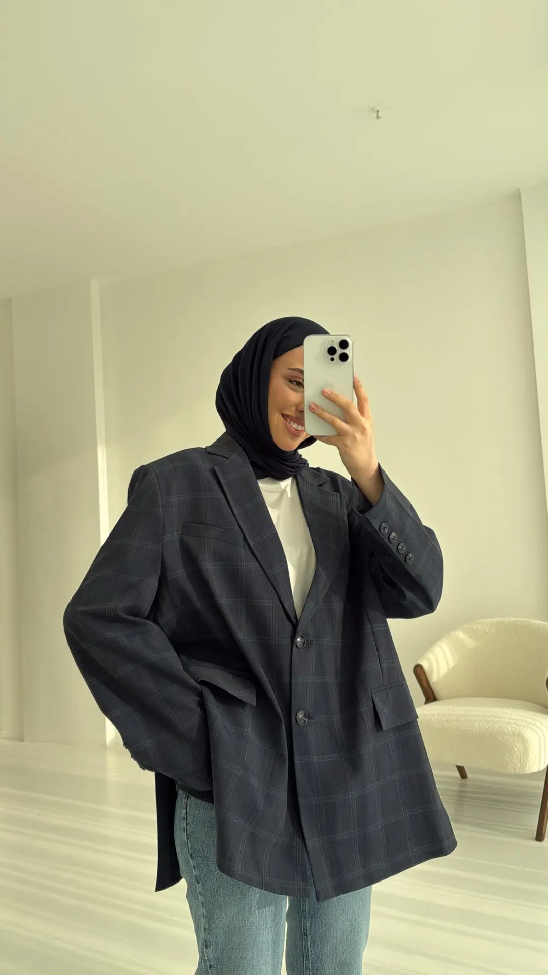 Ekose Oversize Blazer Ceket Lacivert