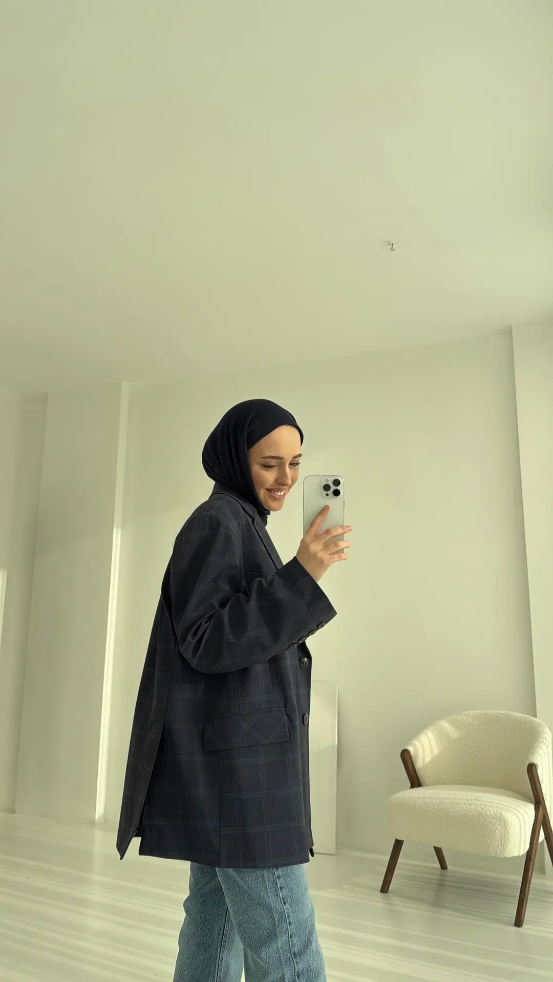 Ekose Oversize Blazer Ceket Lacivert - Görsel 3