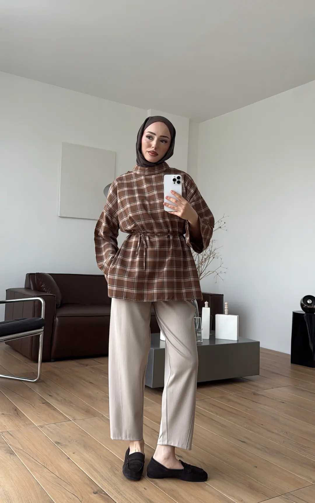 Ekose Şallı Gömlek Kahve - Görsel 9