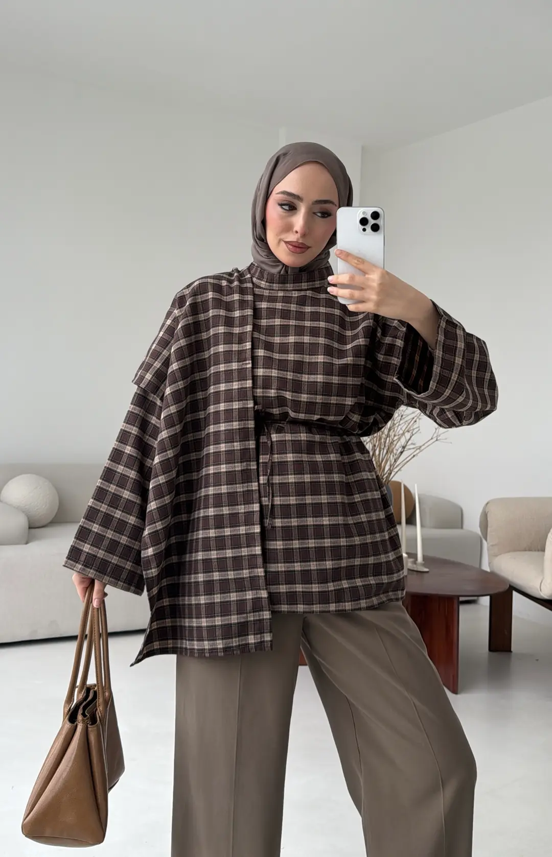 Ekose Şallı Gömlek Kahve - Görsel 8