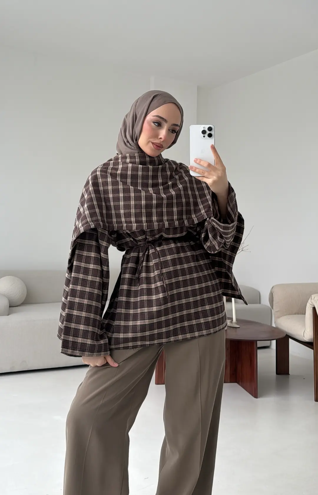 Ekose Şallı Gömlek Kahve - Görsel 9