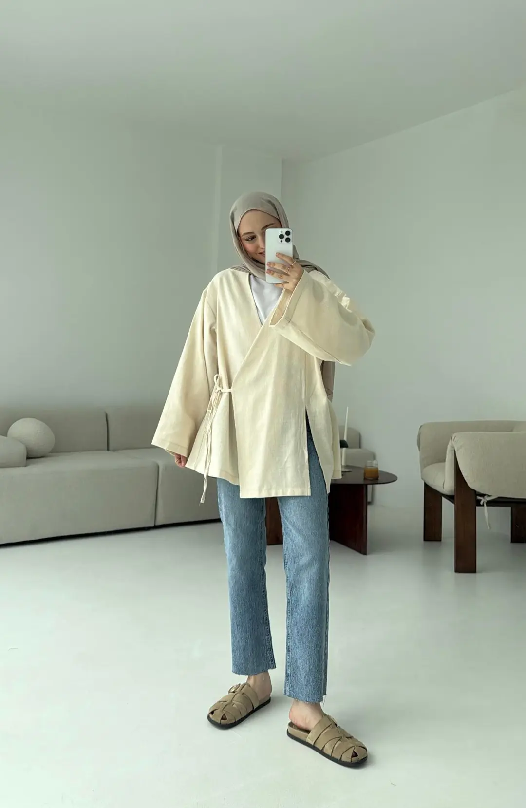 Ekru Yırtmaç Detay Keten Kimono - Görsel 2