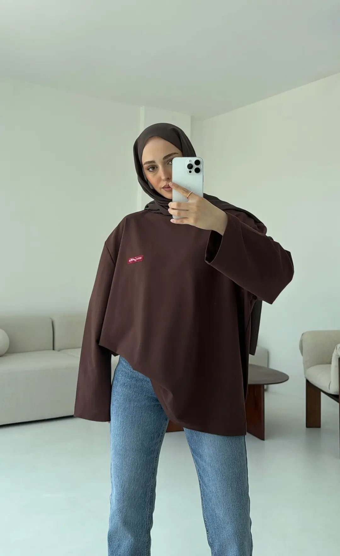 Etiket Baskılı  Sweatshirt Kahve