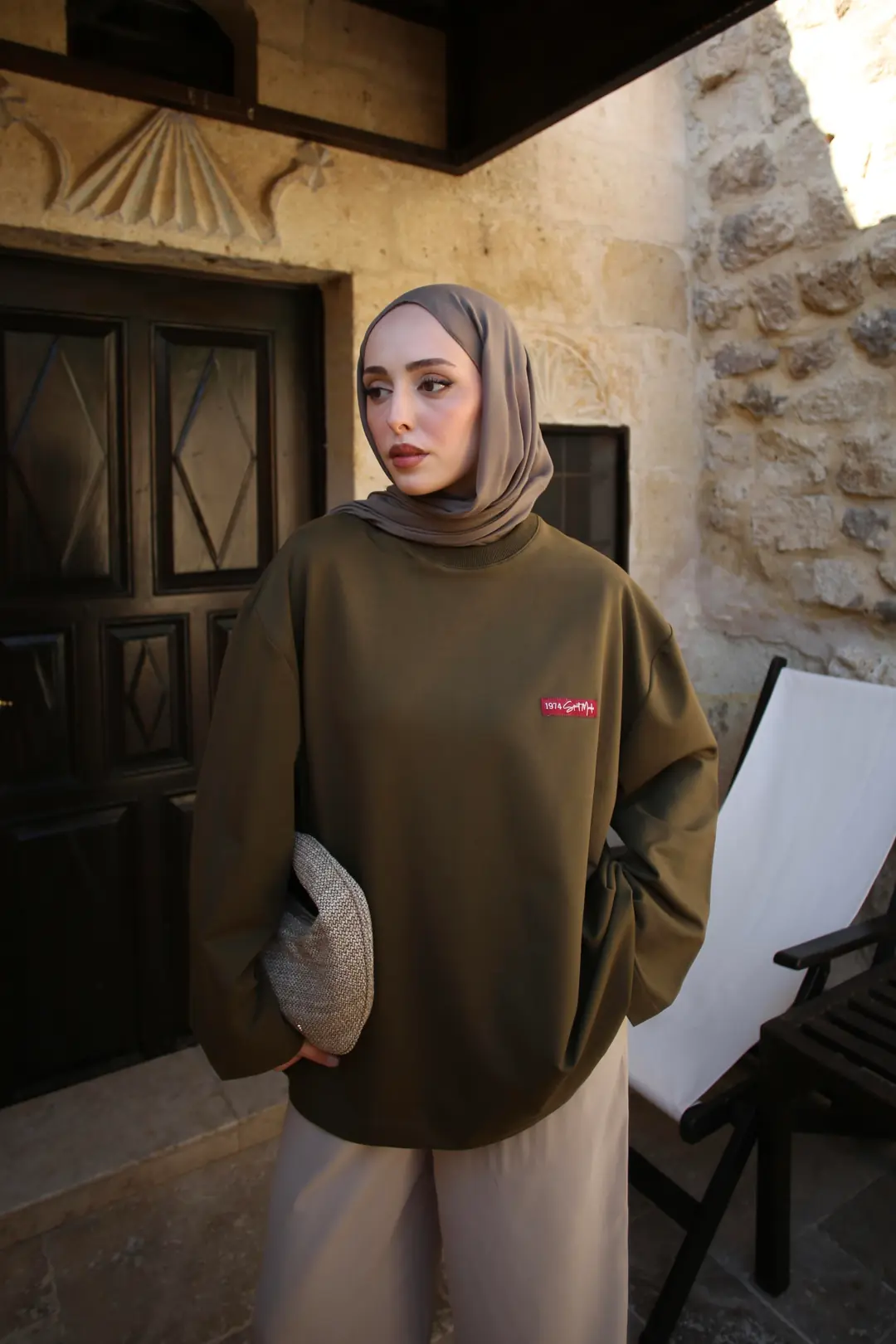 Etiket Baskılı Sweatshirt Haki - Görsel 3