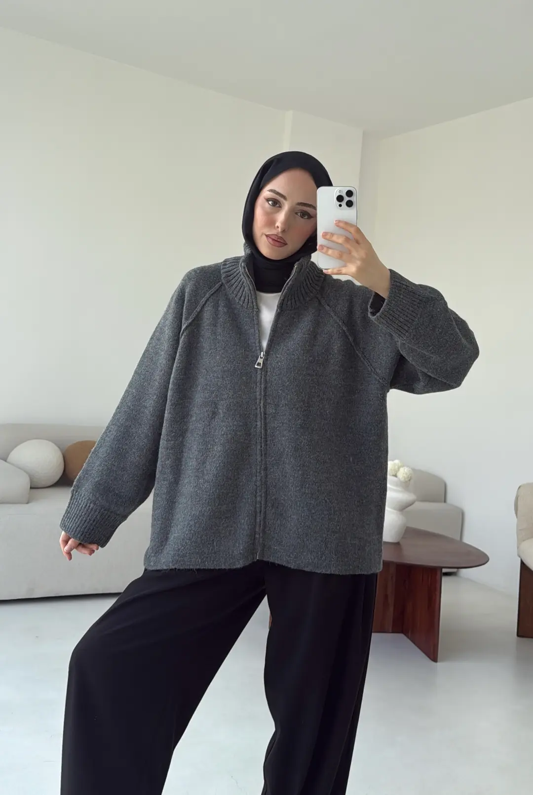 Fermuarlı Şardonlu Hırka Antrasit - Görsel 4