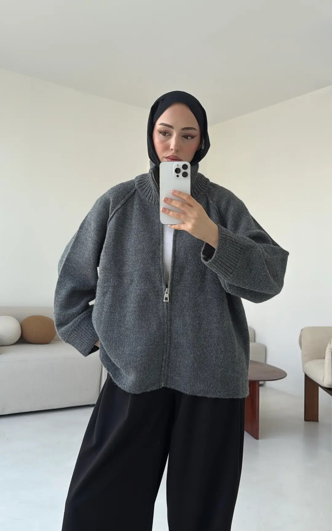 Fermuarlı Şardonlu Hırka Antrasit - Görsel 9