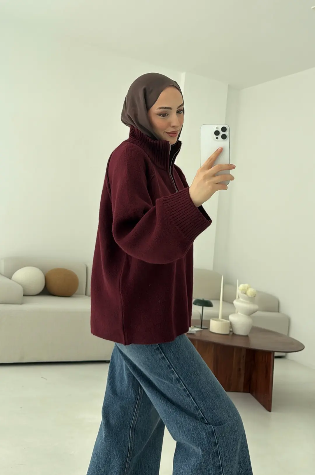 Fermuarlı Şardonlu Hırka Bordo