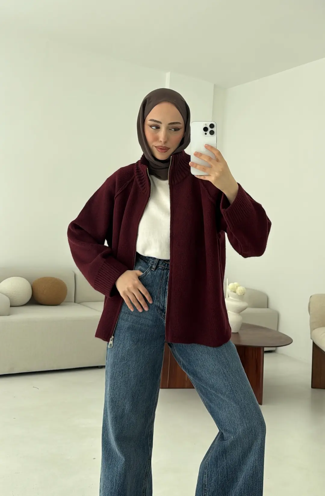 Fermuarlı Şardonlu Hırka Bordo - Görsel 3