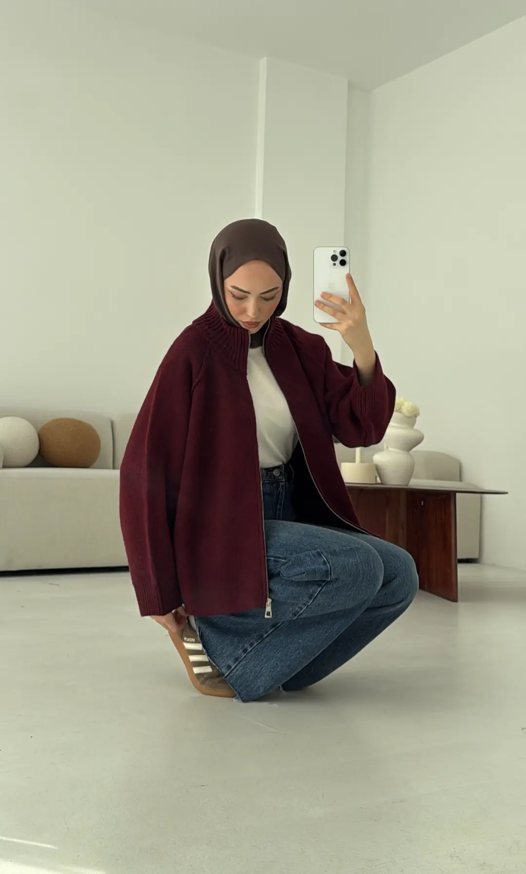 Fermuarlı Şardonlu Hırka Bordo - Görsel 4