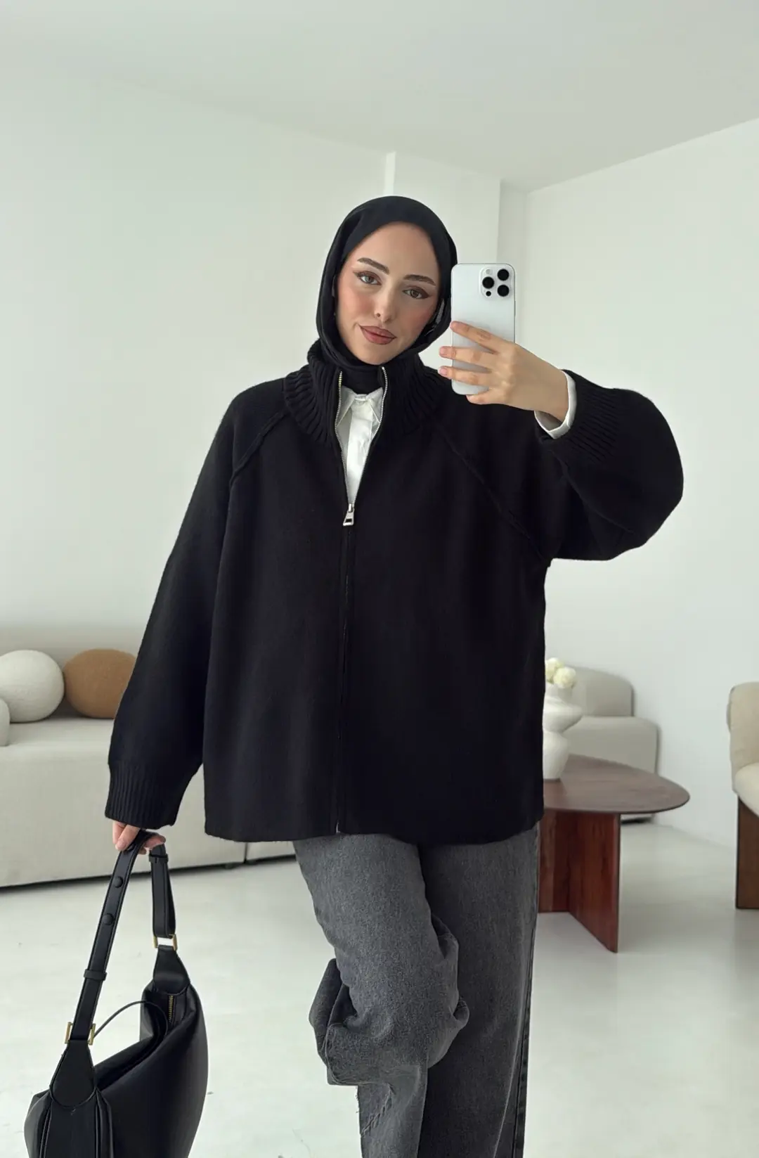 Fermuarlı Şardonlu Hırka Siyah - Görsel 3