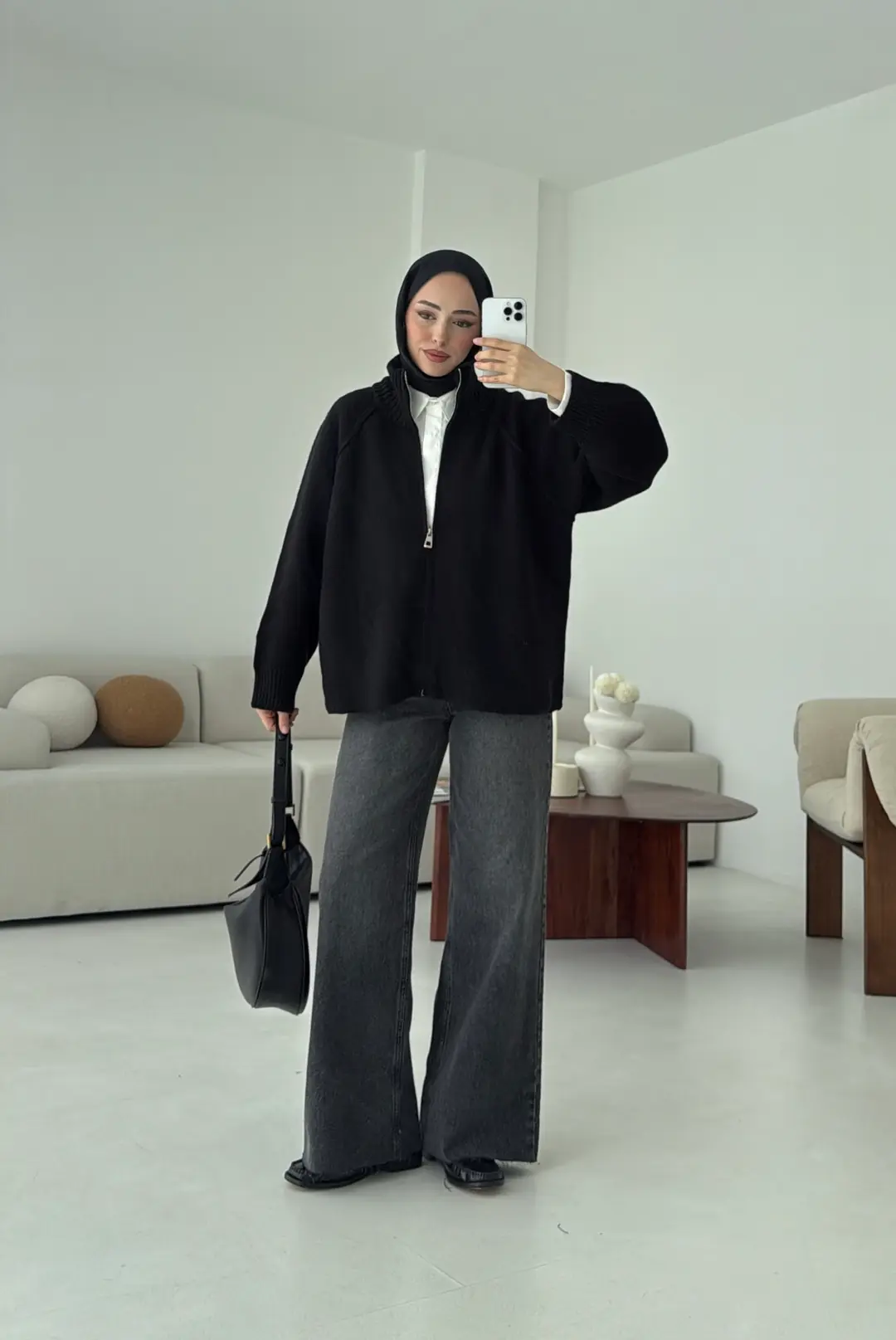 Fermuarlı Şardonlu Hırka Siyah - Görsel 5