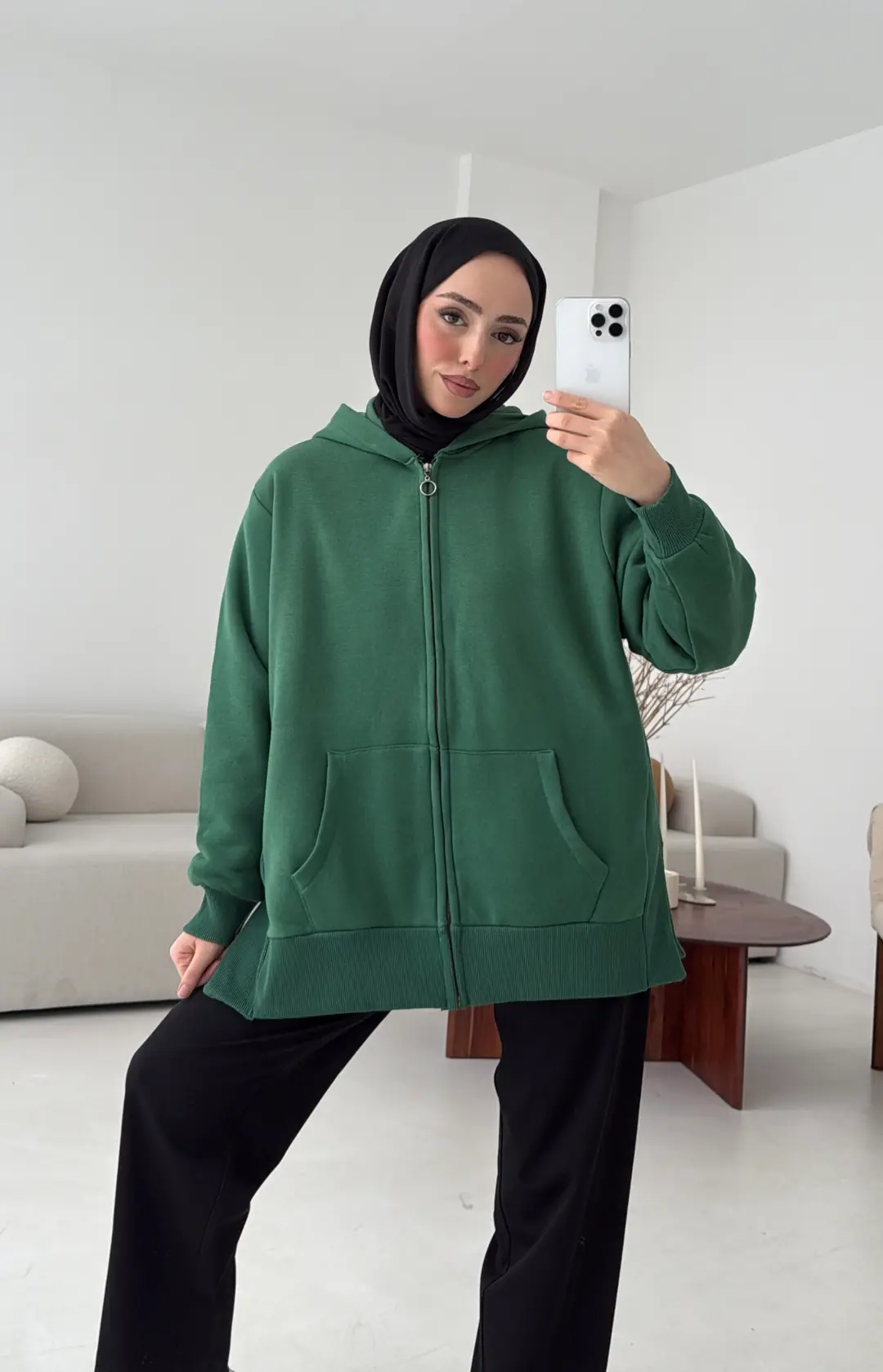 Fermuarlı Şardonlu Sweatshirt Zümrüt