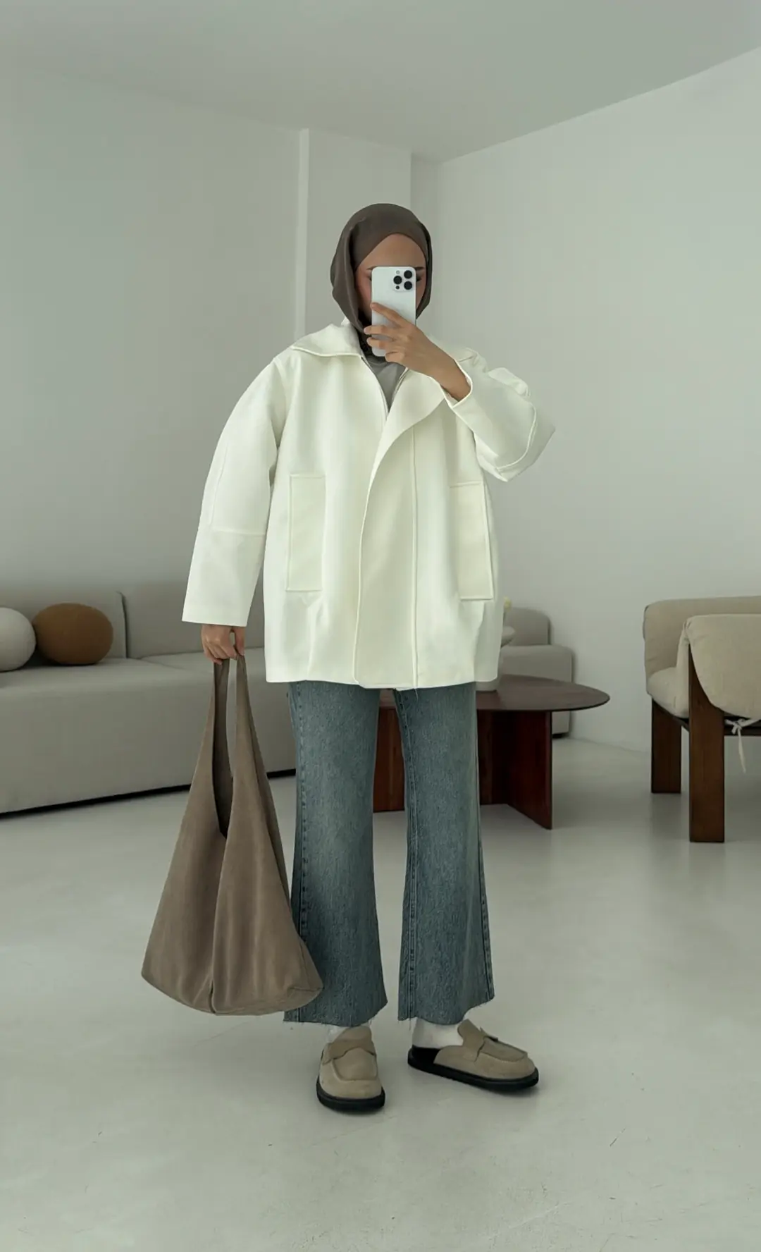 Fermuarlı Süet Ceket Beyaz