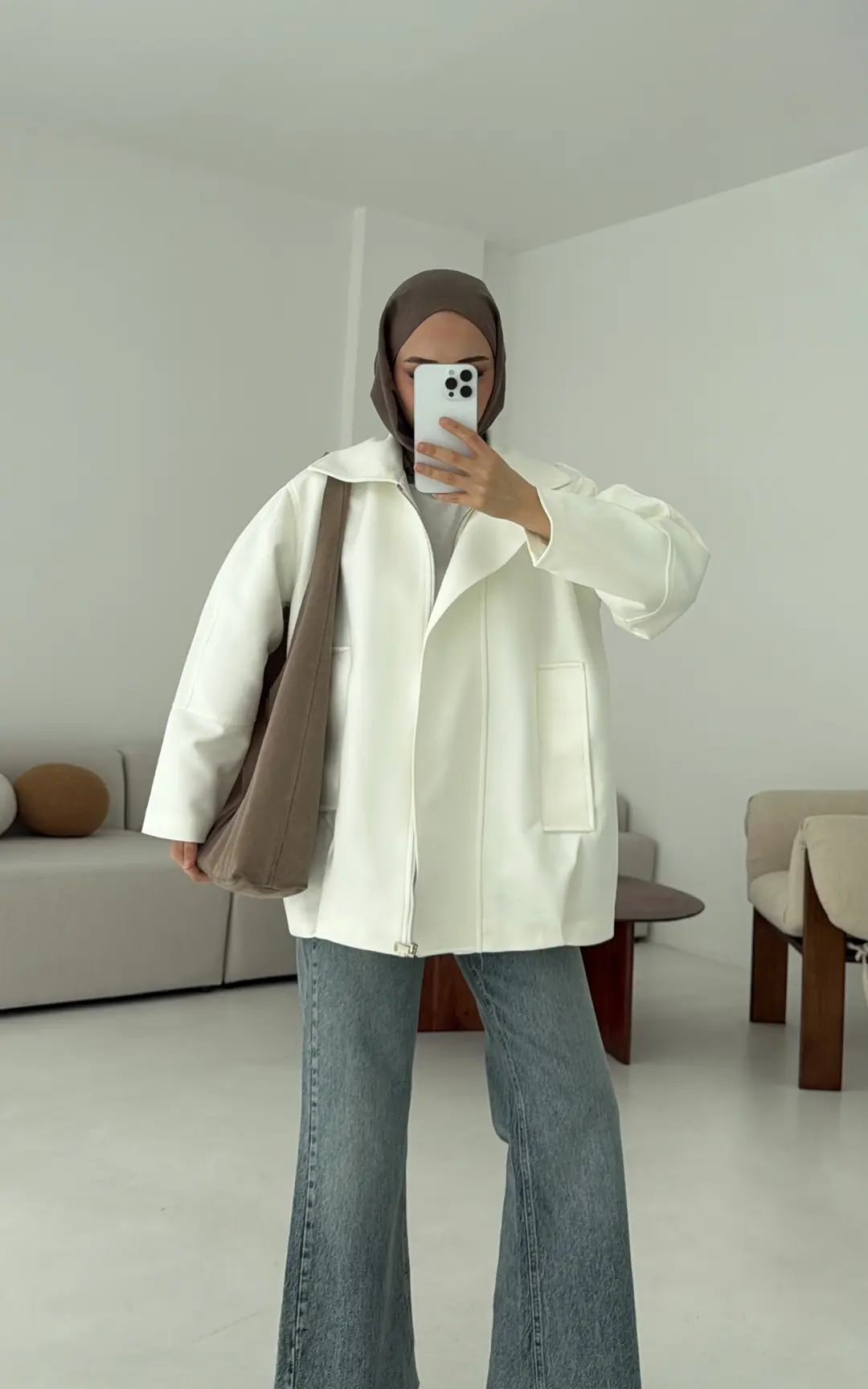 Fermuarlı Süet Ceket Beyaz - Görsel 3