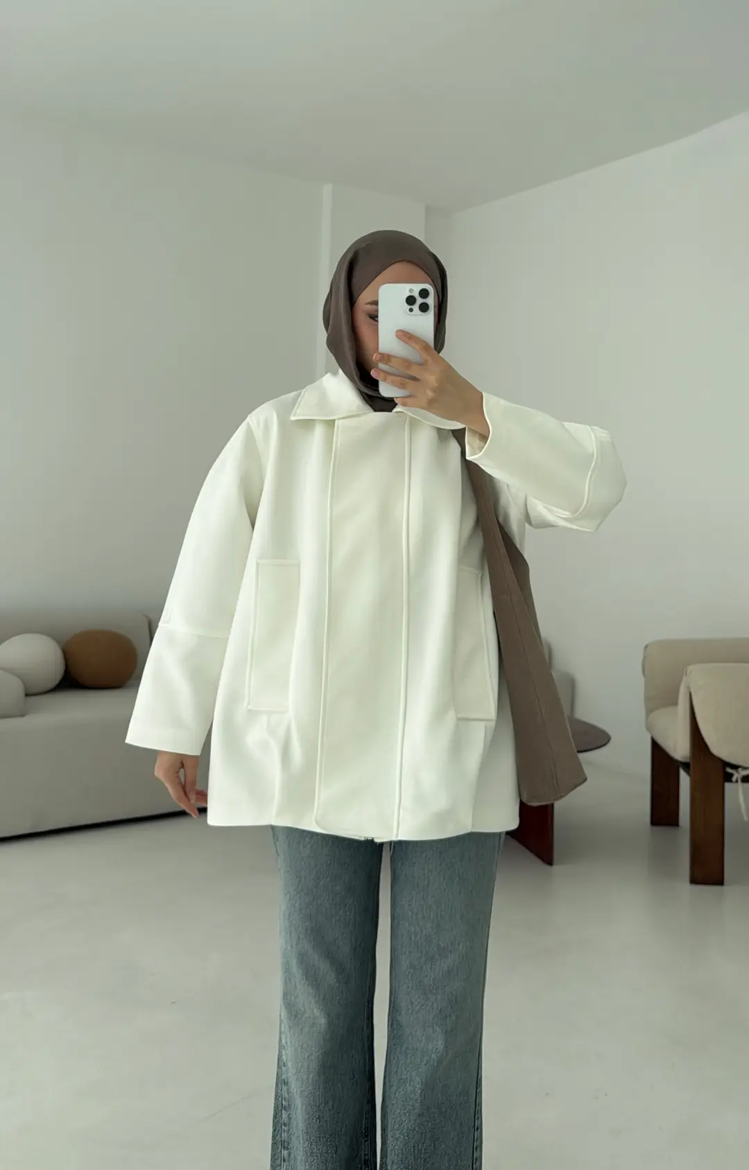 Fermuarlı Süet Ceket Beyaz - Görsel 4