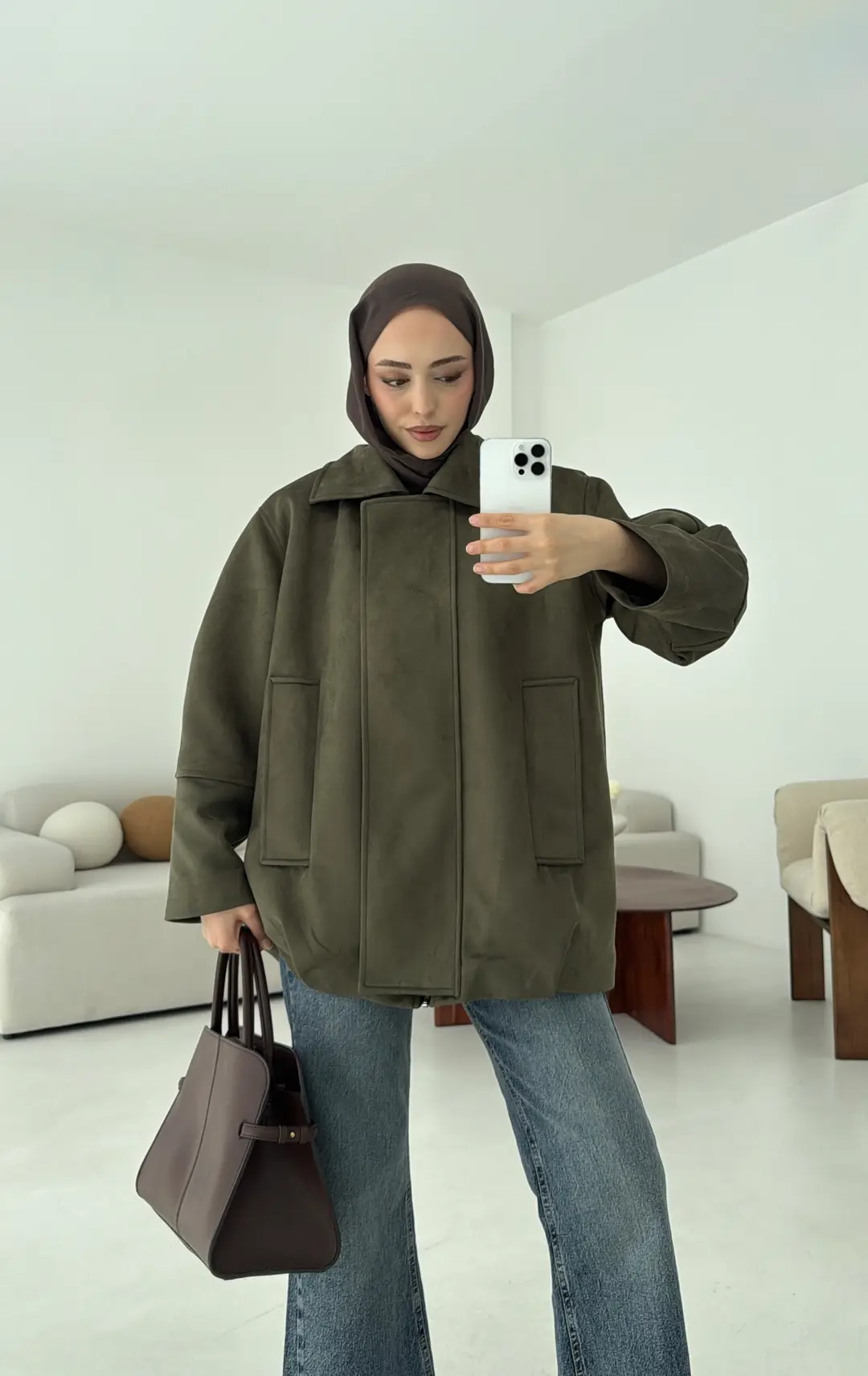 Fermuarlı Süet Ceket Haki - Görsel 4