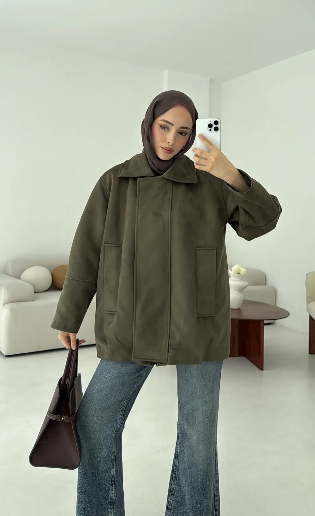 Fermuarlı Süet Ceket Haki - Görsel 5