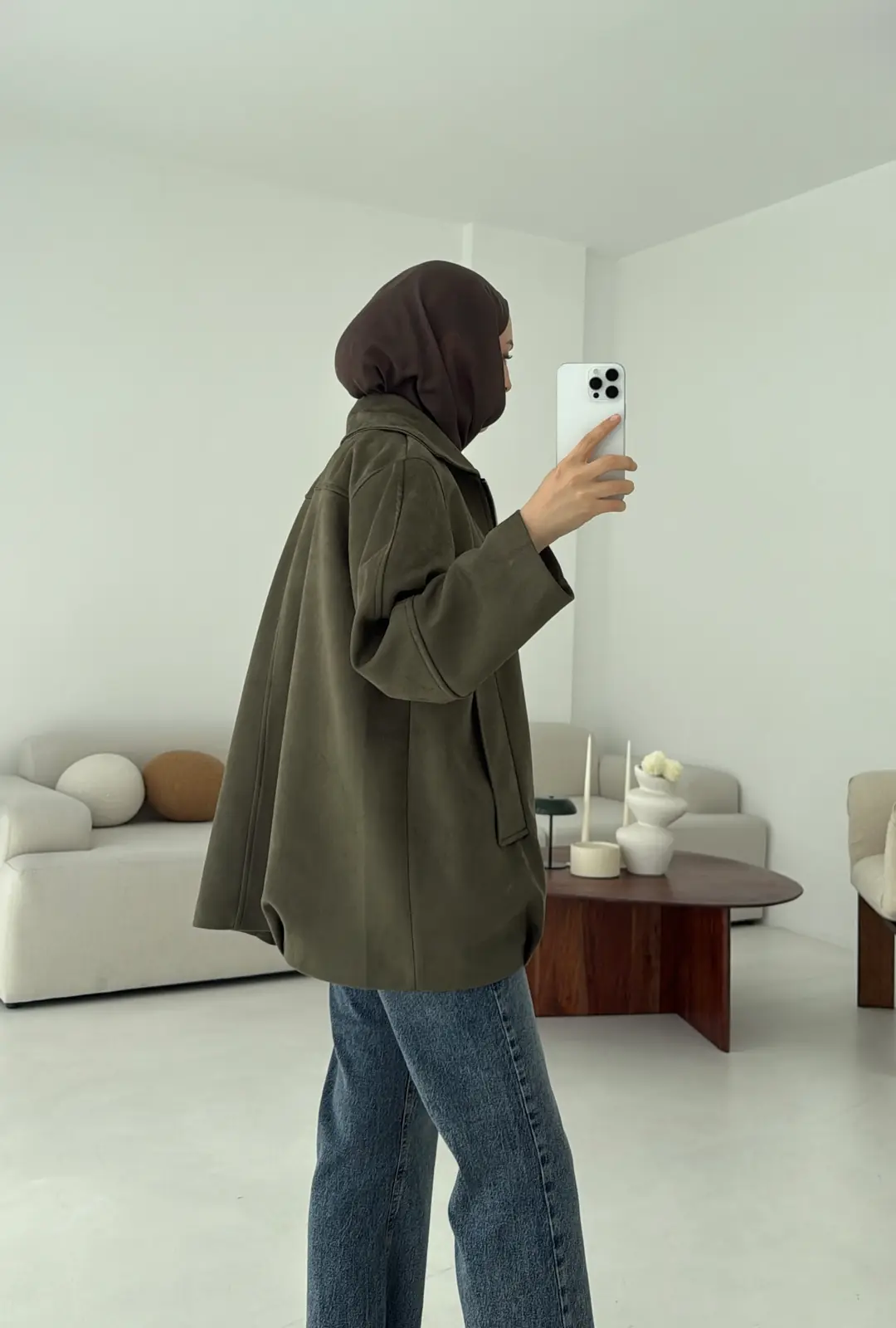 Fermuarlı Süet Ceket Haki - Görsel 6