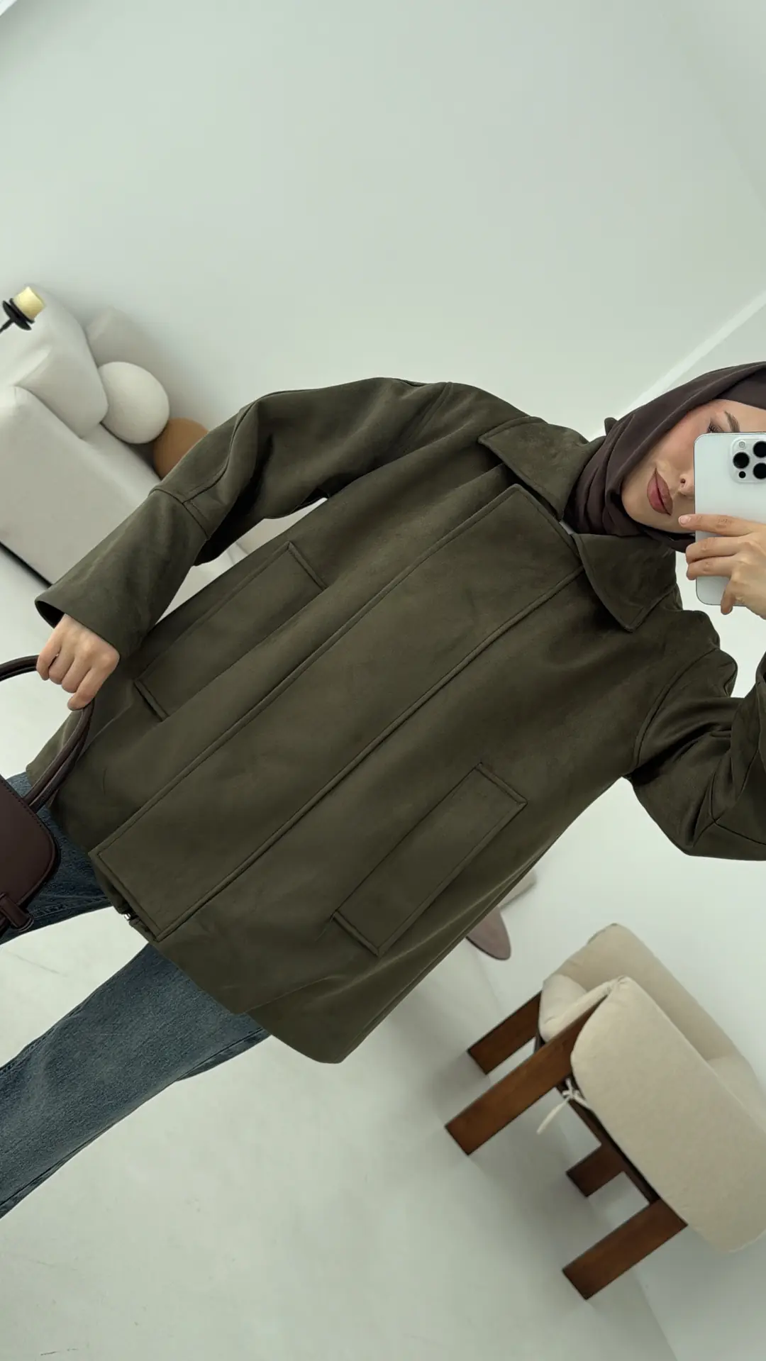 Fermuarlı Süet Ceket Haki - Görsel 7