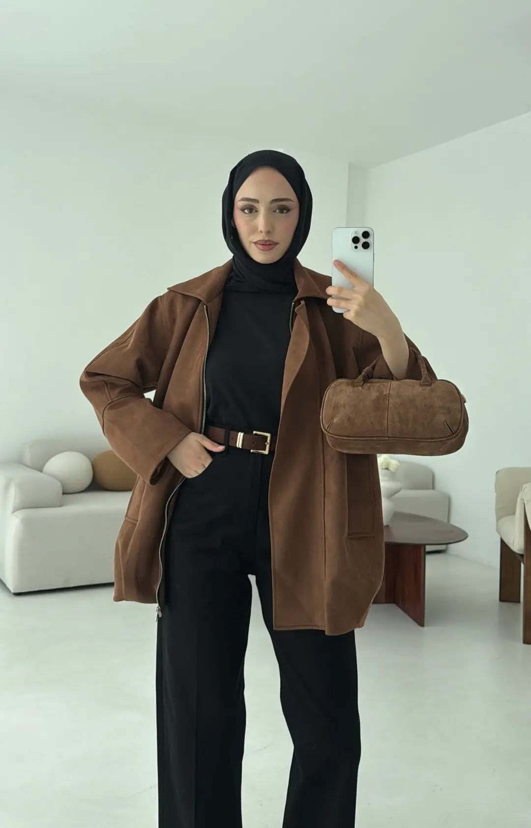 Fermuarlı Süet Ceket Taba - Görsel 9