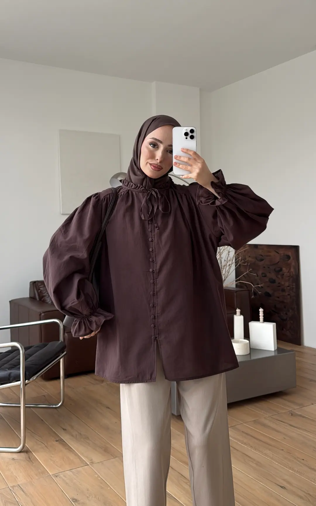 Fırfır Detaylı Vual Gömlek Kahve - Görsel 4