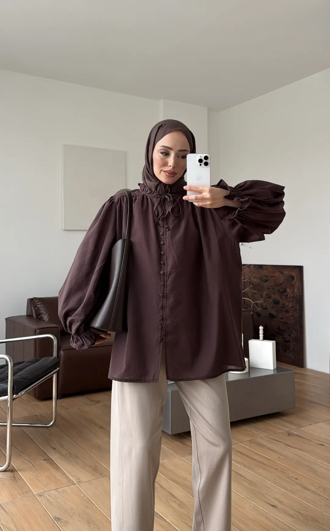 Fırfır Detaylı Vual Gömlek Kahve - Görsel 8