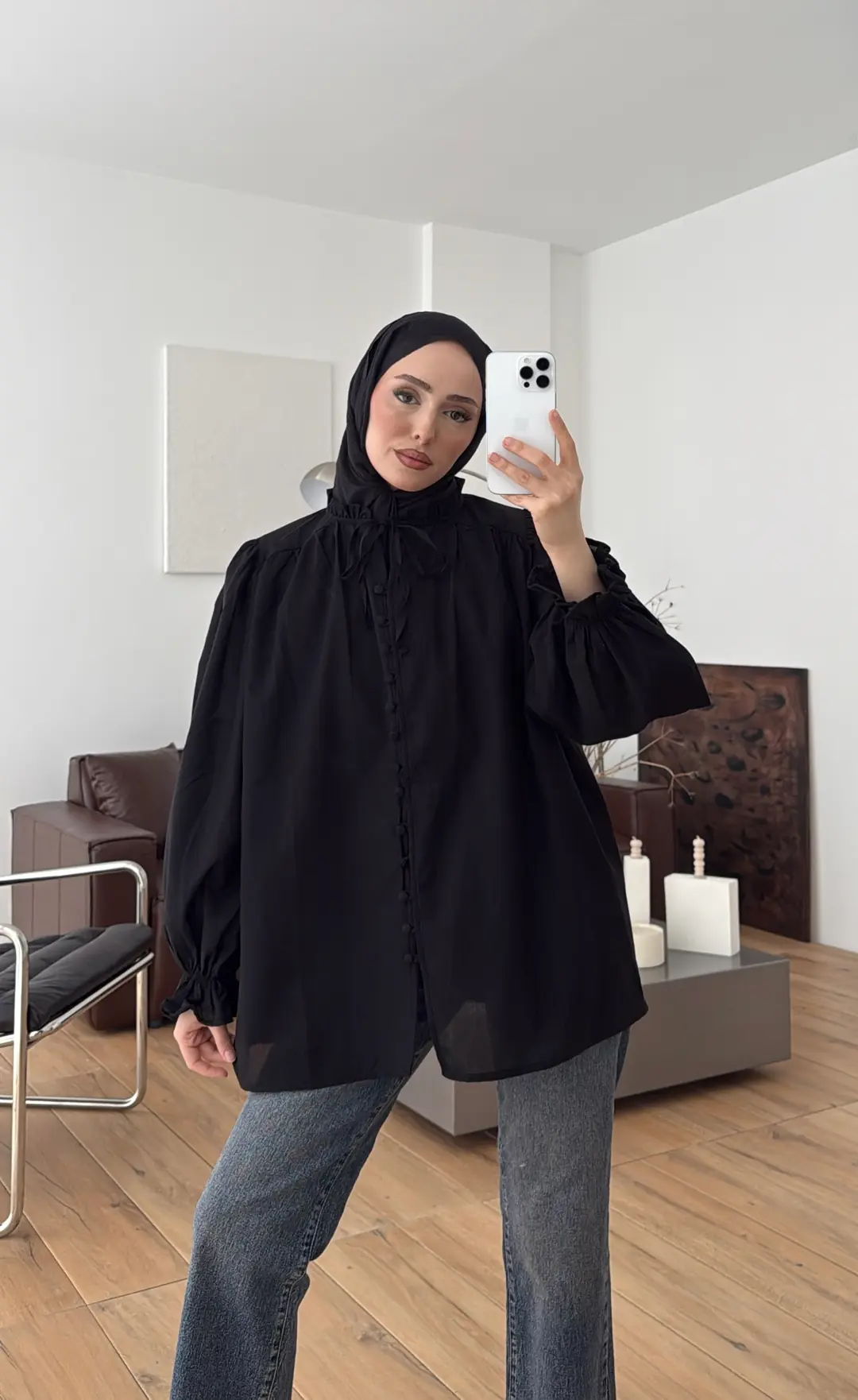 Fırfır Detaylı Vual Gömlek Siyah - Görsel 14