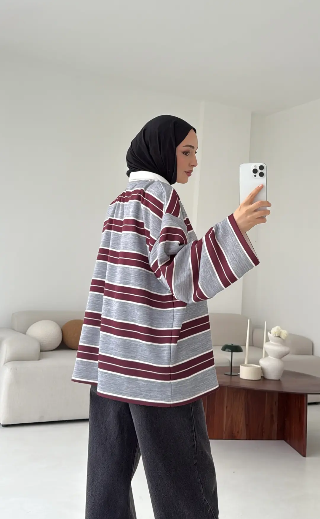 Fleece Polo Yaka Sweatshirt Gri