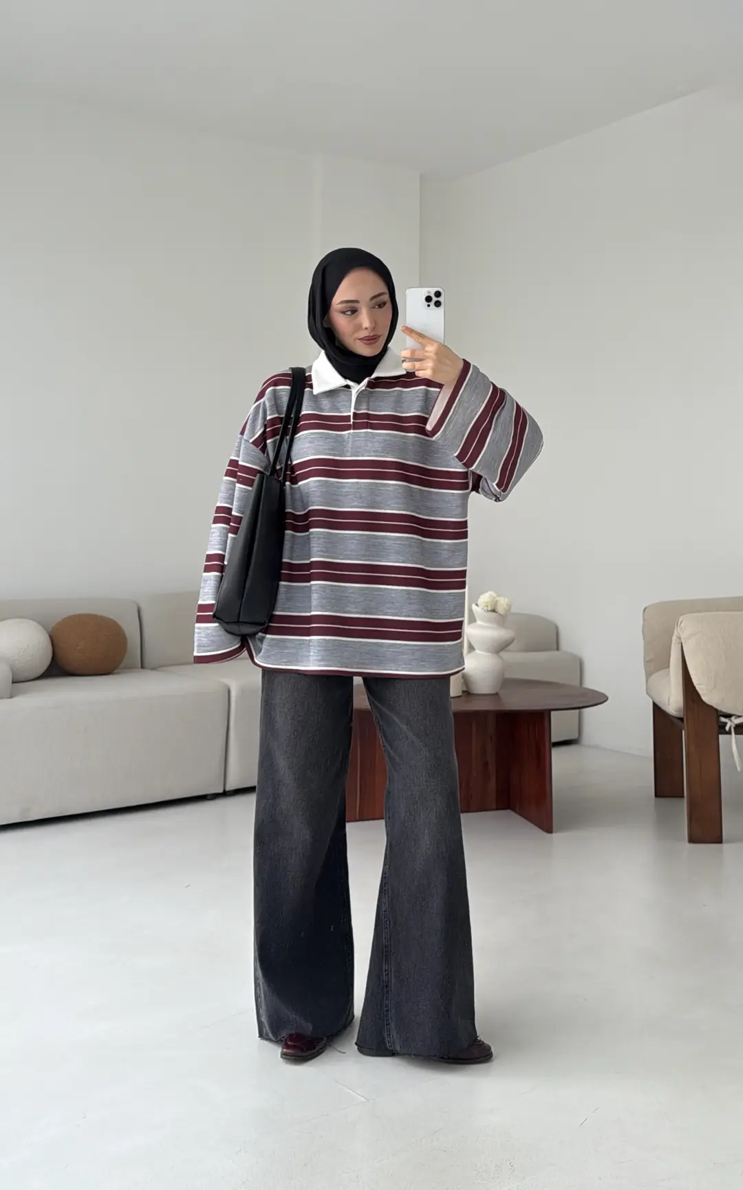 Fleece Polo Yaka Sweatshirt Gri - Görsel 3