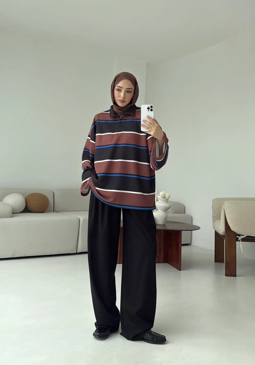 Fleece Polo Yaka Sweatshirt Kahve