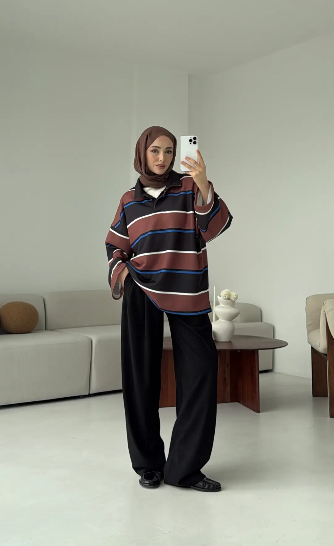 Fleece Polo Yaka Sweatshirt Kahve - Görsel 2