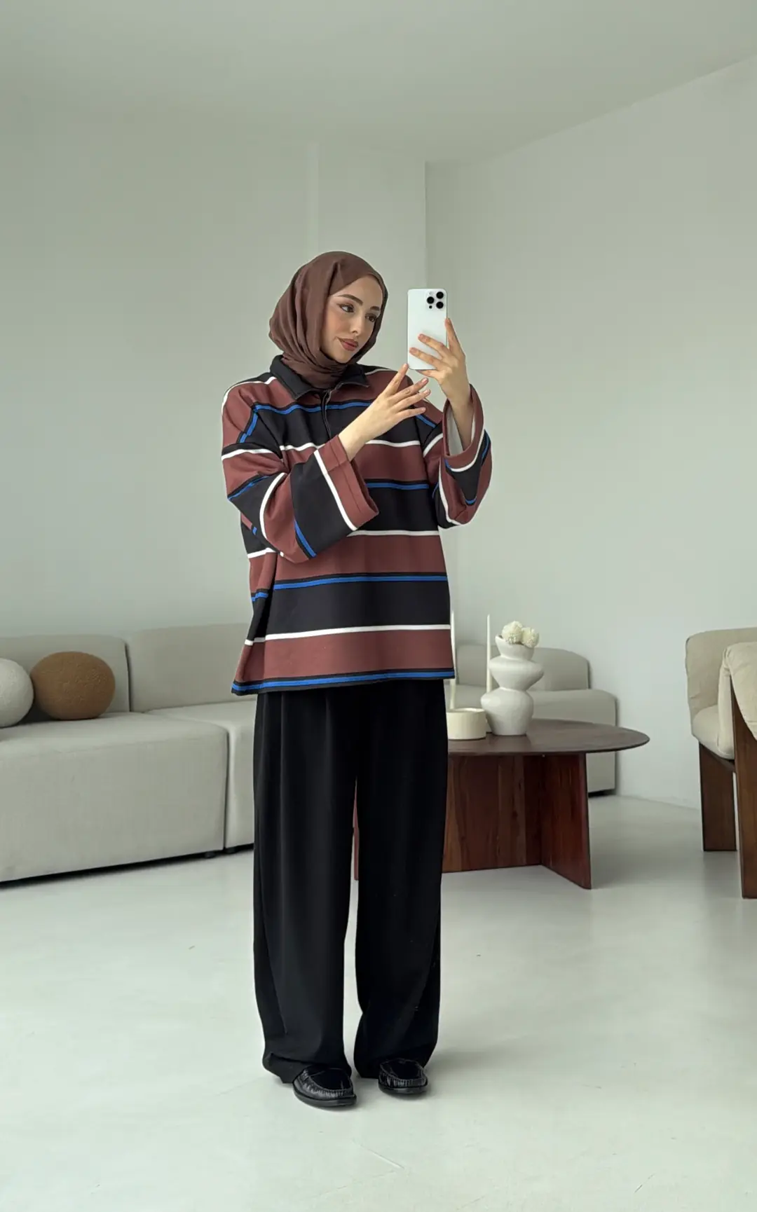 Fleece Polo Yaka Sweatshirt Kahve - Görsel 4