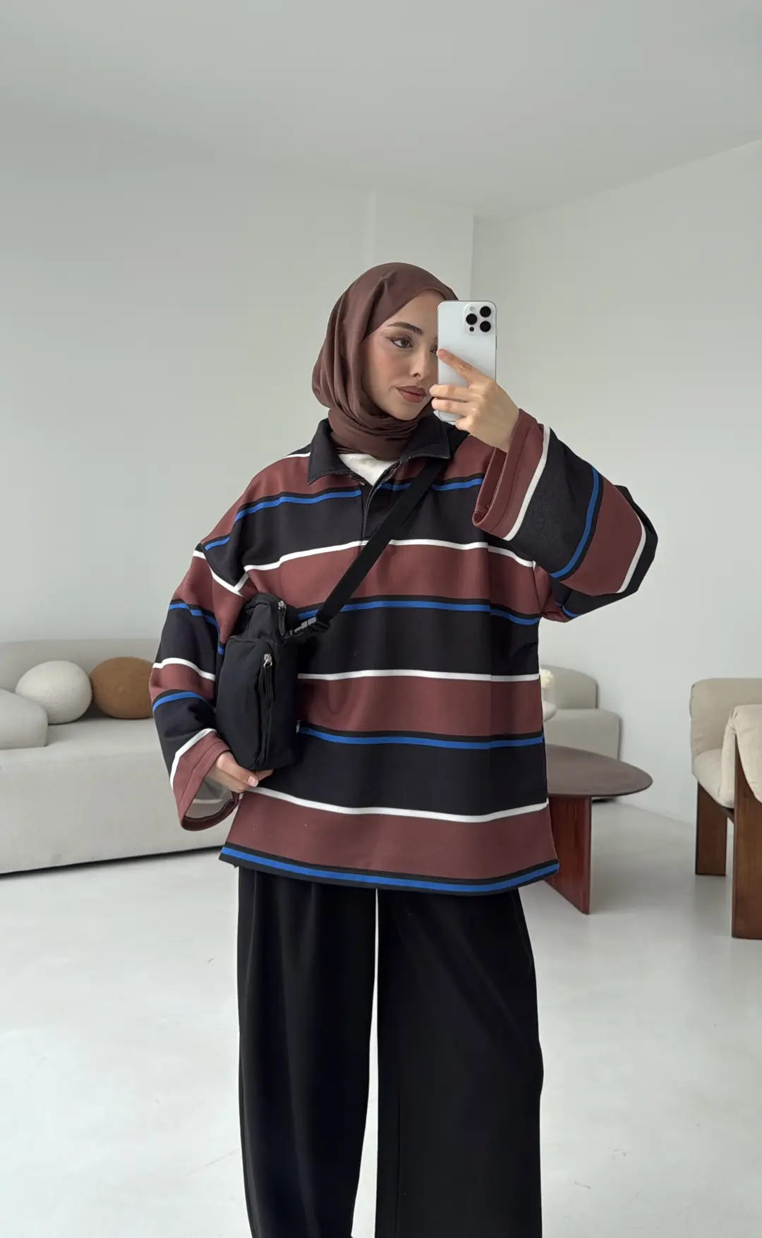 Fleece Polo Yaka Sweatshirt Kahve - Görsel 5