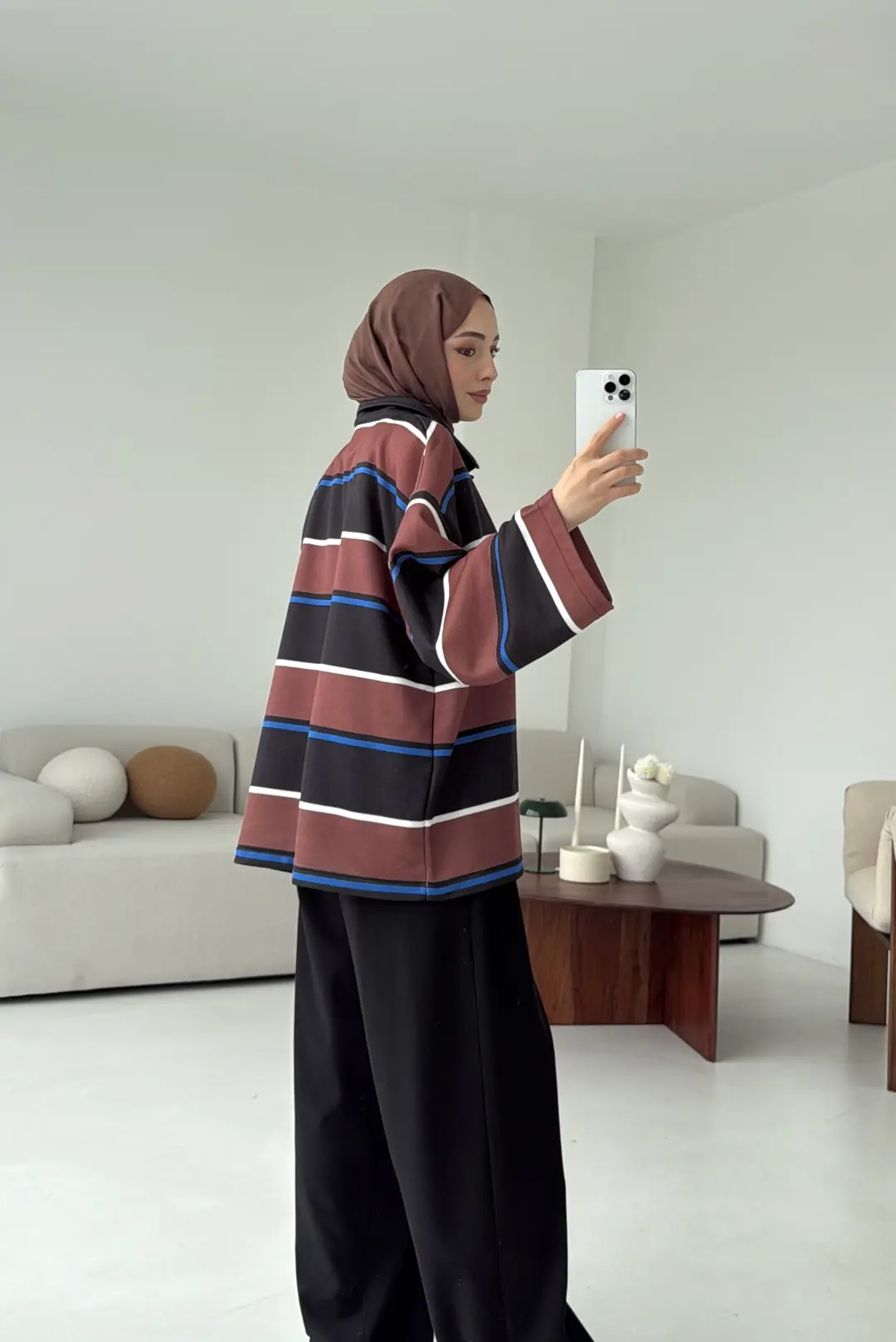 Fleece Polo Yaka Sweatshirt Kahve - Görsel 7