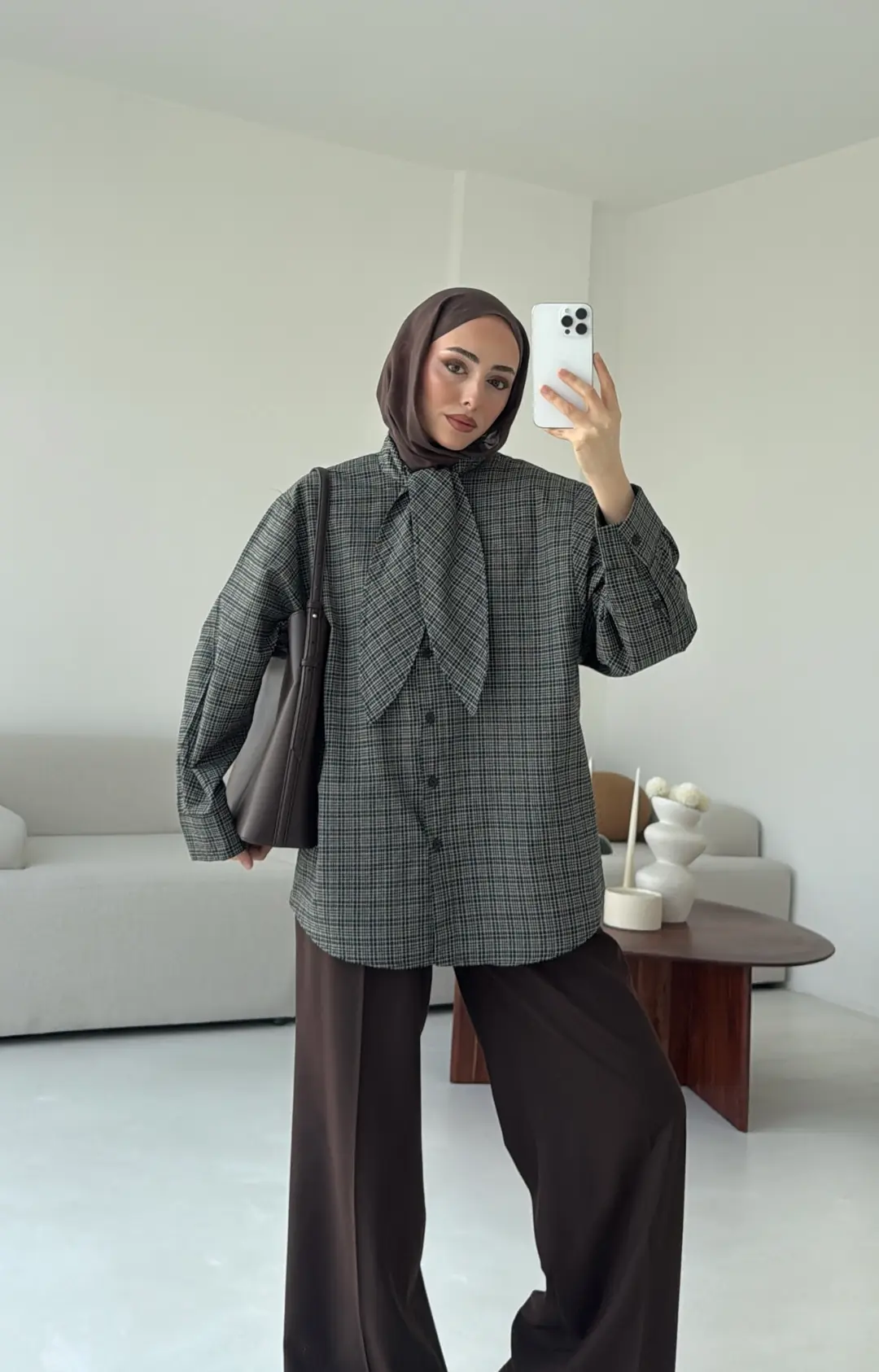 Fular Detay Ekose Gömlek Haki/Kahve