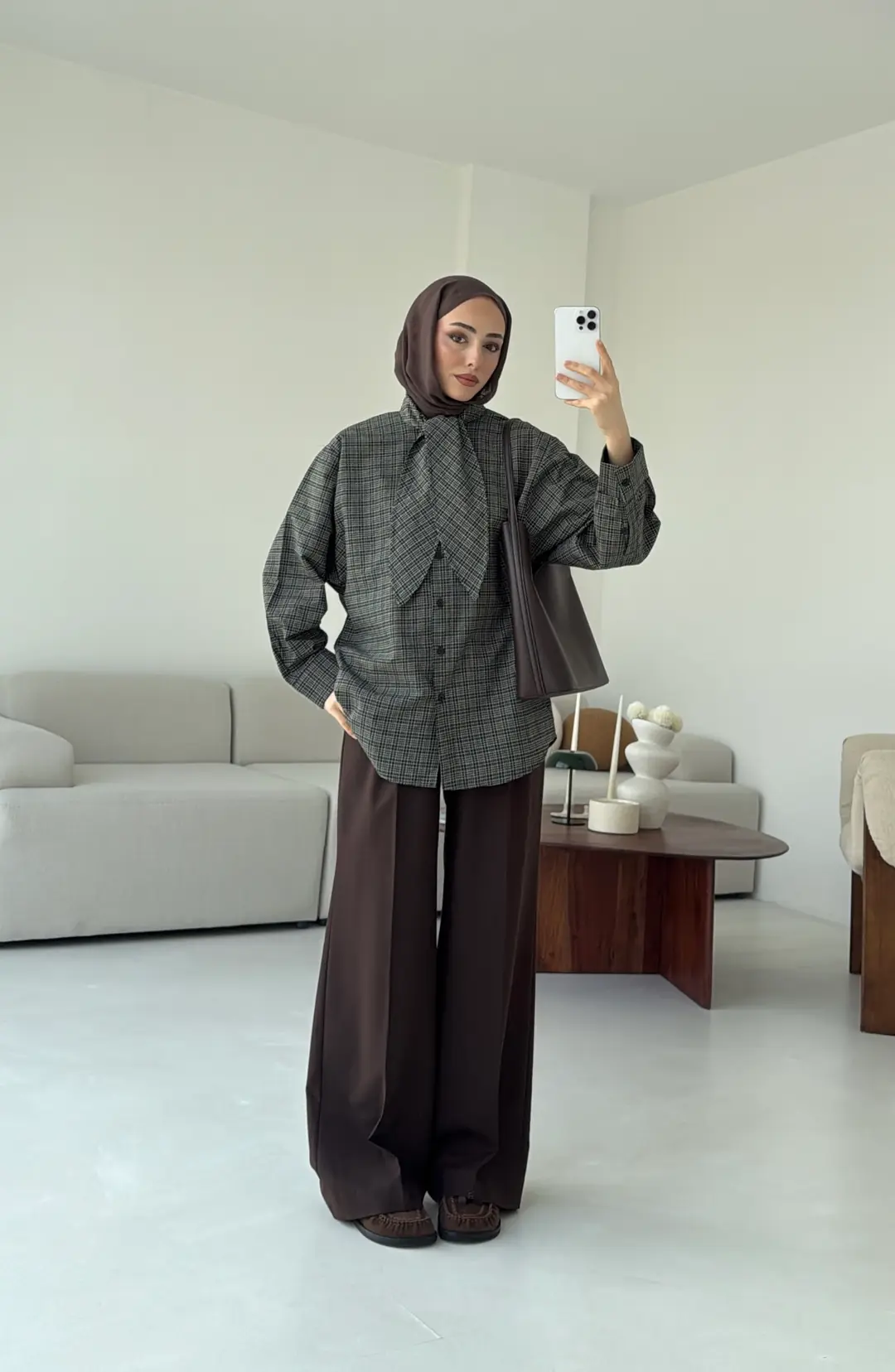 Fular Detay Ekose Gömlek Haki/Kahve - Görsel 4