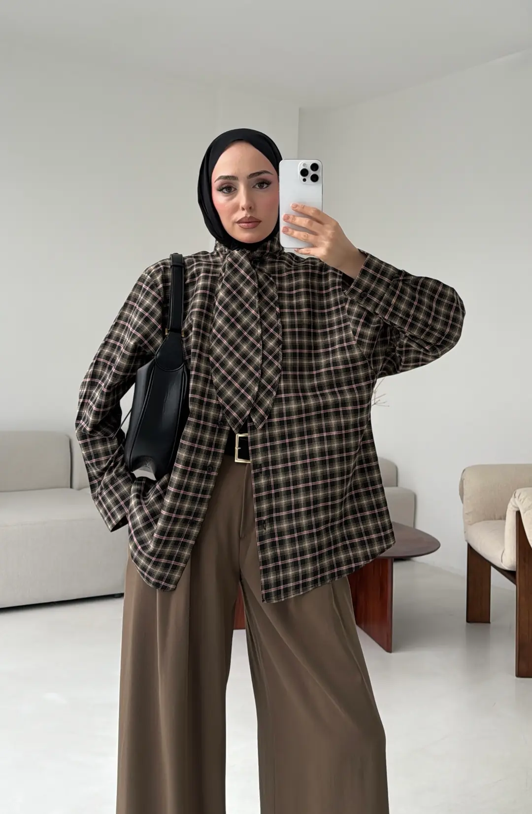 Fular Detay Ekose Gömlek Kahve/Siyah