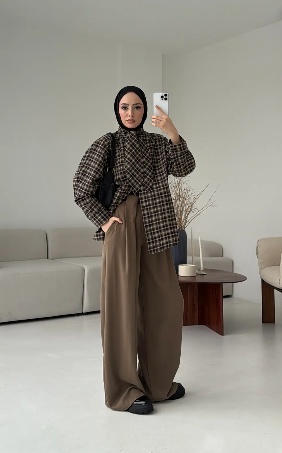 Fular Detay Ekose Gömlek Kahve/Siyah - Görsel 5