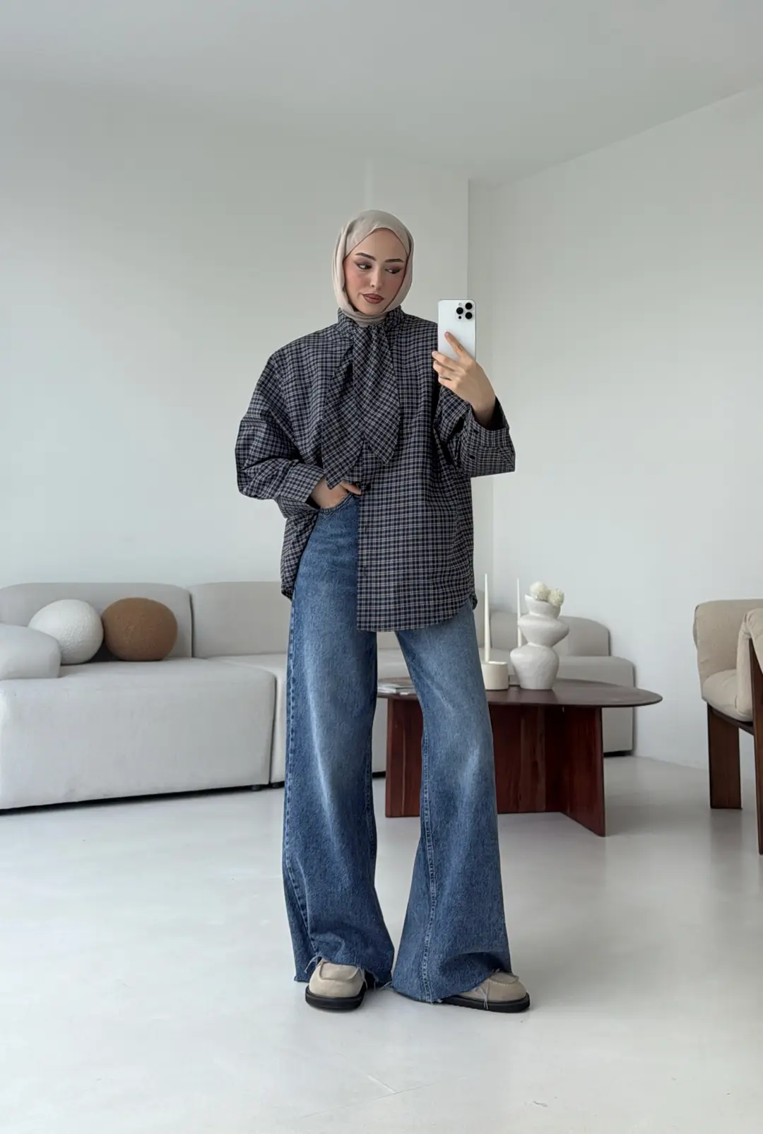 Fular Detay Ekose Gömlek Lacivert