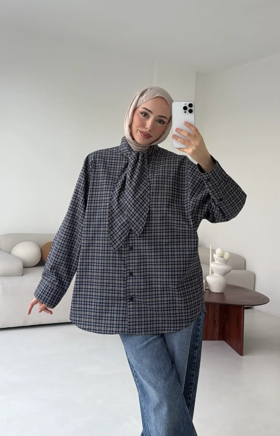 Fular Detay Ekose Gömlek Lacivert - Görsel 5