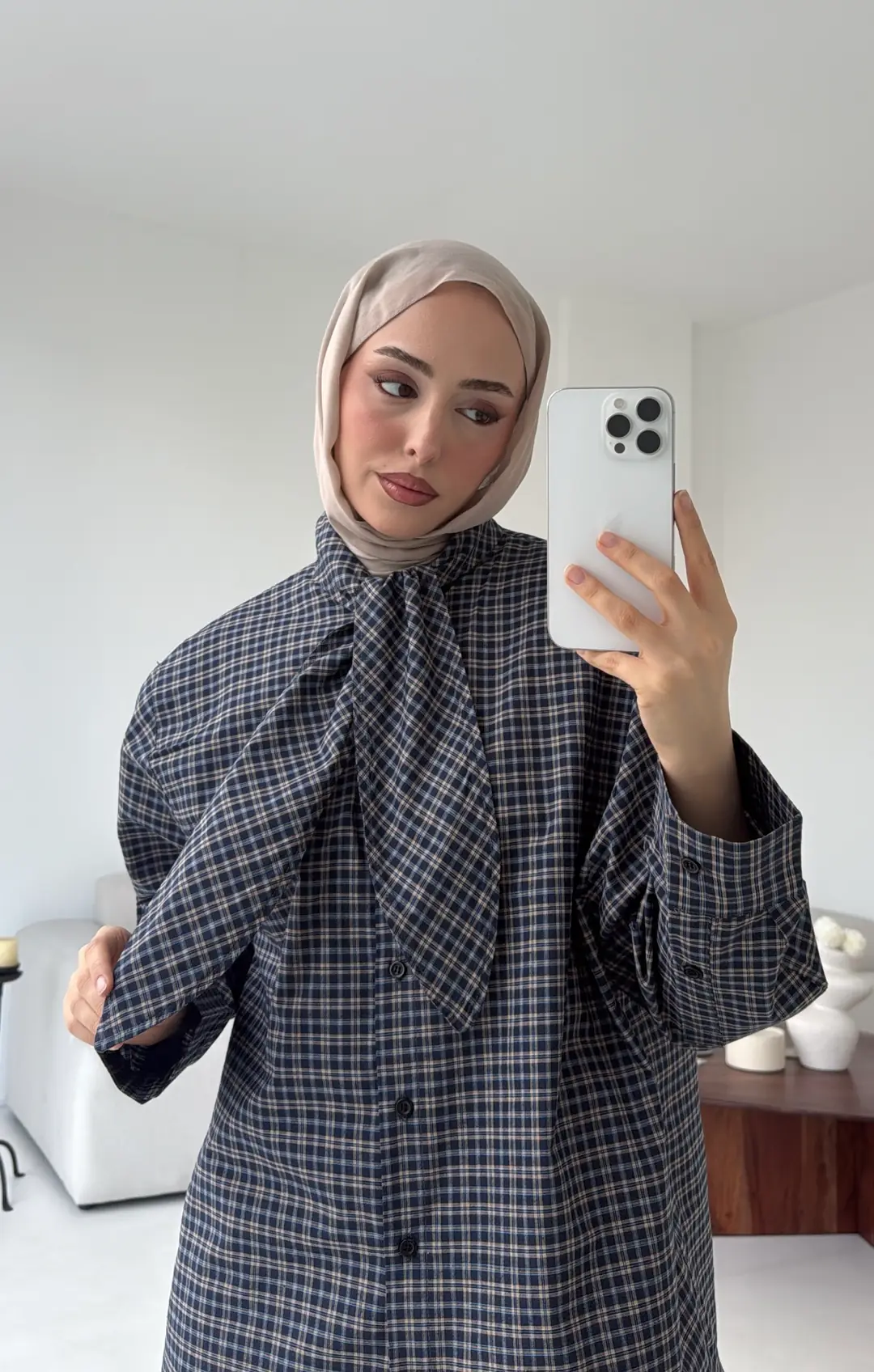 Fular Detay Ekose Gömlek Lacivert - Görsel 6