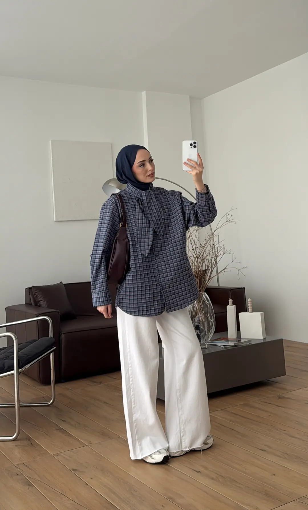 Fular Detay Ekose Gömlek Lacivert/Pembe - Görsel 5