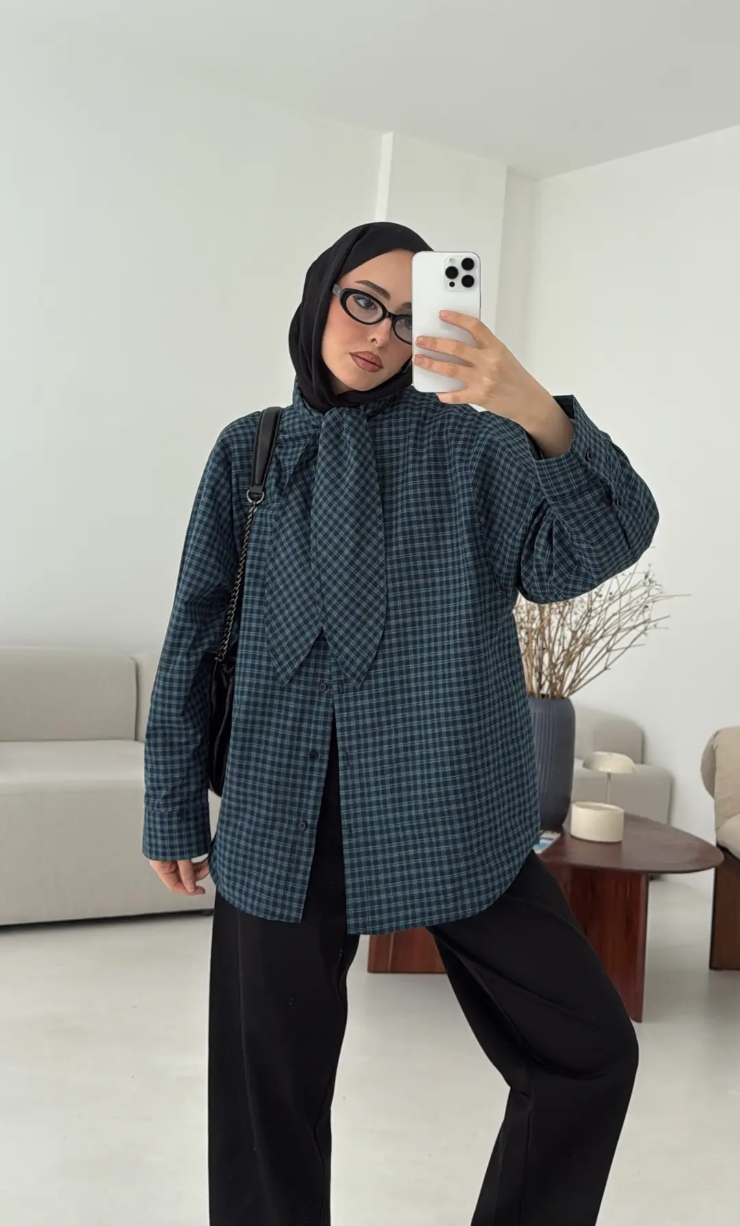 Fular Detay Ekose Gömlek Mavi - Görsel 3