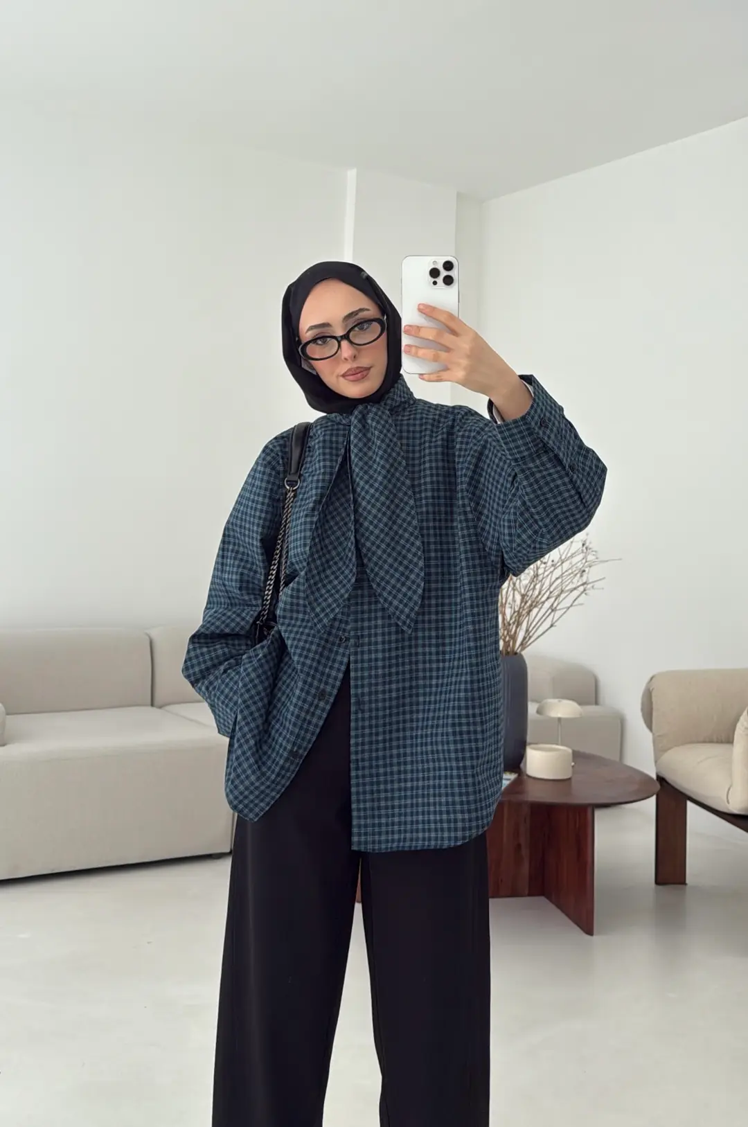 Fular Detay Ekose Gömlek Mavi