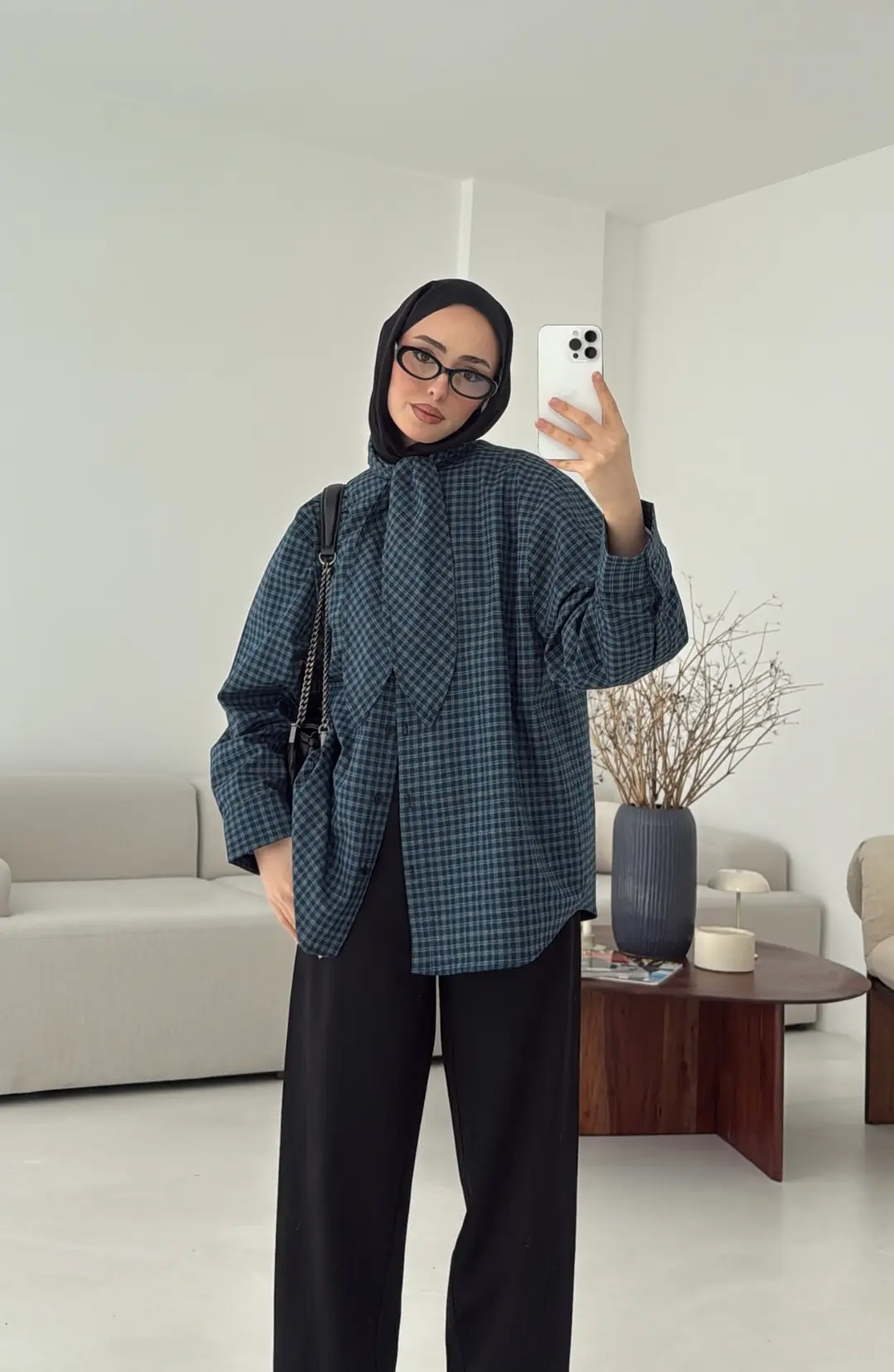 Fular Detay Ekose Gömlek Mavi - Görsel 6