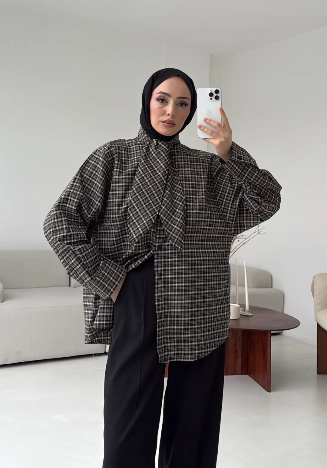 Fular Detay Ekose Gömlek Siyah/Vizon - Görsel 2