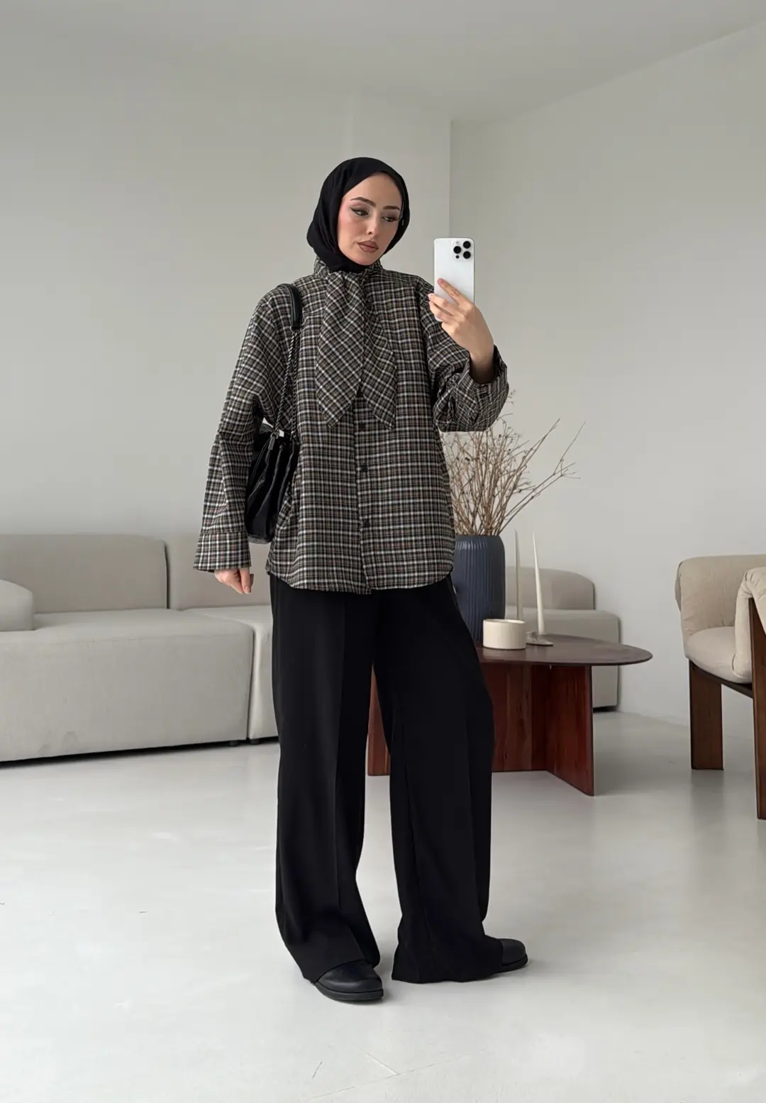 Fular Detay Ekose Gömlek Siyah/Vizon - Görsel 7