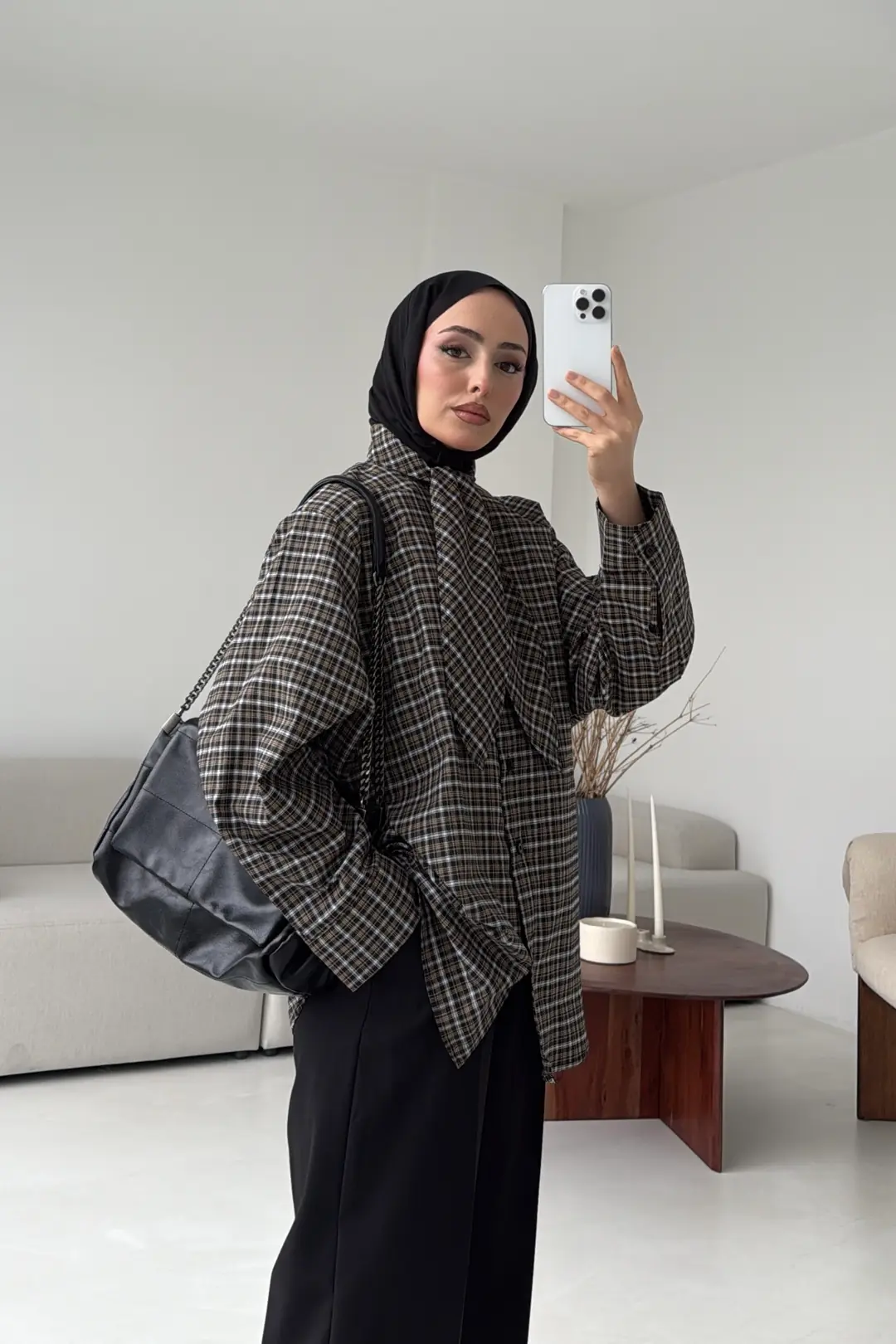 Fular Detay Ekose Gömlek Siyah/Vizon - Görsel 8